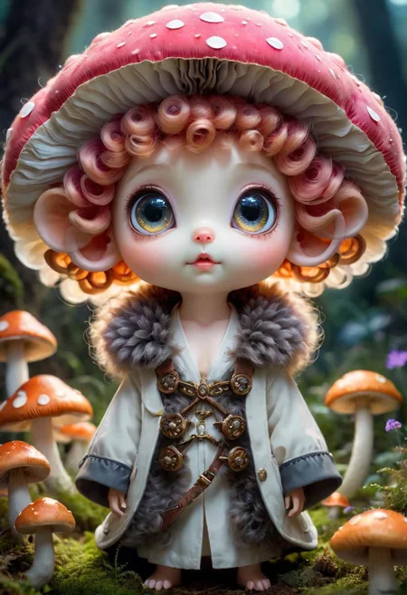 Mix the mushrooms, mouse and curly fur to create adorable magical creature with big glowing eyes, masterpiece, Surrealism, close-up, macro photo, f/1.2, backlighting, Albert Edelfelt, multicolored hair
