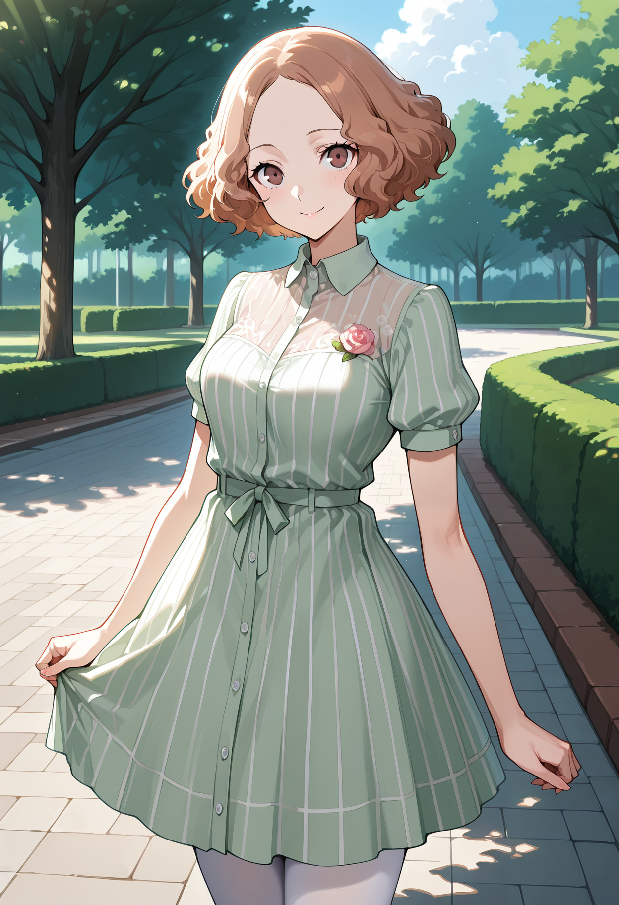 (masterwork, masterpiece, best quality, hyper-detailed),
1 girl, solo, 
p5haru, brown hair, short hair, wavy hair,
p5haru-summercas, dress, striped dress, light green dress, pink rose, rose embroidery, short sleeves, puffy sleeves, white pantyhose,
outdoors, park, trees, looking at viewer, smile, cowboy shot,