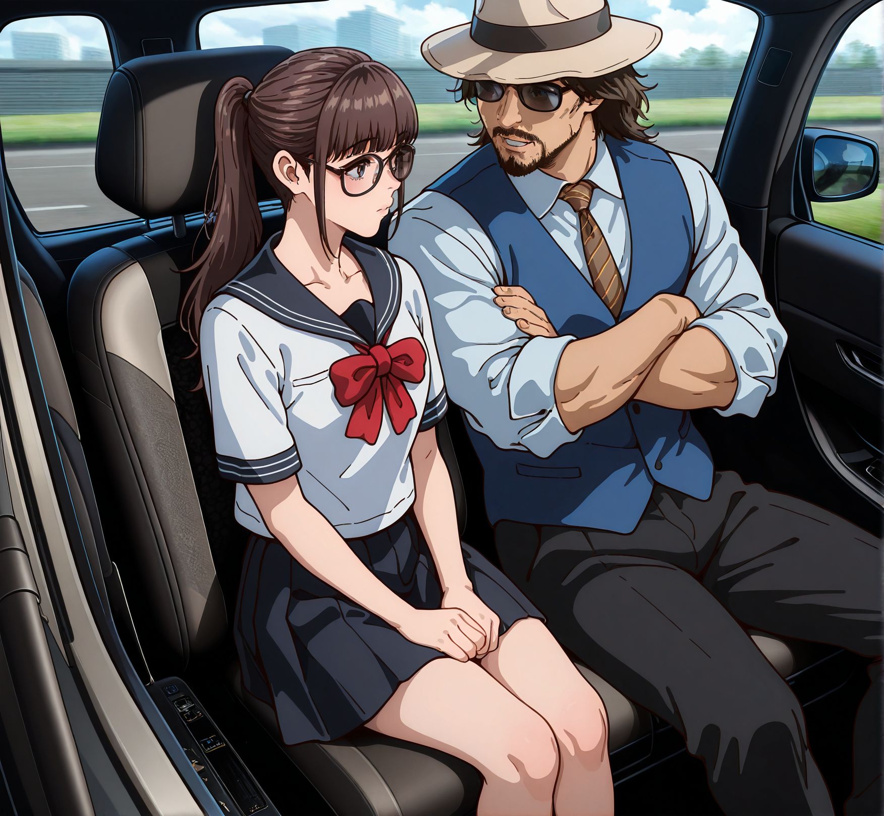 masterpiece,best quality,amazing quality,very aesthetic,absurdres,newest, huge filesize,
<lora:spo_sdxl_10ep_4k-data_lora_webui:0.5>,
<lora:add-detail-xl:1>
1girl, 1boy, hetero, sitting, in car,
BREAK
<lora:Trillion_Game_V1:1>Trillion Game,
school uniform,
ponytail,skirt,serafuku,
glasses,brown hair,
(female without sunglasses),
long hair,
bow,
t_mizuki,
BREAK
hat,
sunglasses,
facial hair,
vest,crossed arms,
brown footwear
necktie,pants,shirt,
black pants,
t_kazuki,