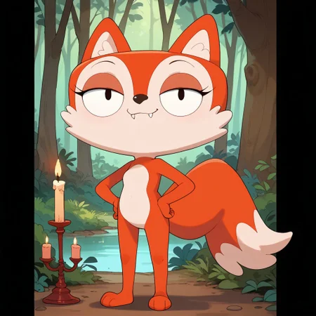 score_9, score_8_up, score_7, source_cartoon, Candlefox, Solo, 1girl, anthro, furry female, fox, foxgirl, red and white fur, black eyes, black nose, fangs, fox tail, full body, looking at viewer, standing, smile, hands on hips, forest setting,