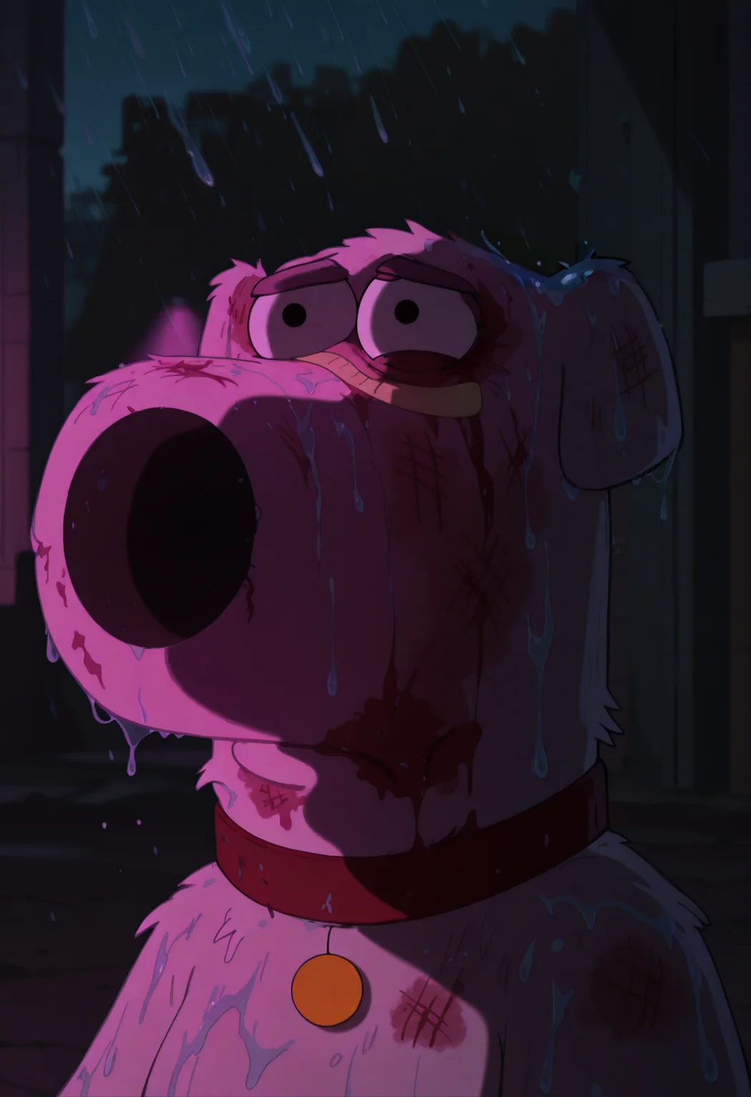 masterpiece, best quality, amazing quality, br1angf, domestic dog, small dog, red collar, gold dog tag, (messy fur:0.8), wet, bruise, scratches, injury, outdoors, night, portrait, bandaid on nose, blurry background,( pink lighting:1.1), night, dark, pink theme, blood on face, rain, (cinematic shot, dramatic light, shadow:1.1),