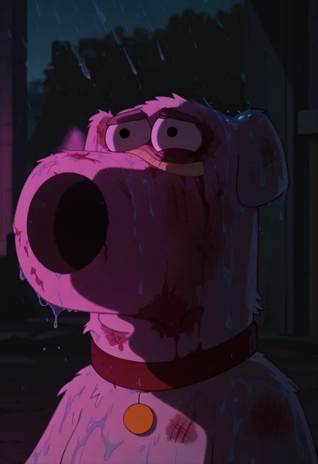 masterpiece, best quality, amazing quality, br1angf, domestic dog, small dog, red collar, gold dog tag, (messy fur:0.8), wet, bruise, scratches, injury, outdoors, night, portrait, bandaid on nose, blurry background,( pink lighting:1.1), night, dark, pink theme, blood on face, rain, (cinematic shot, dramatic light, shadow:1.1),