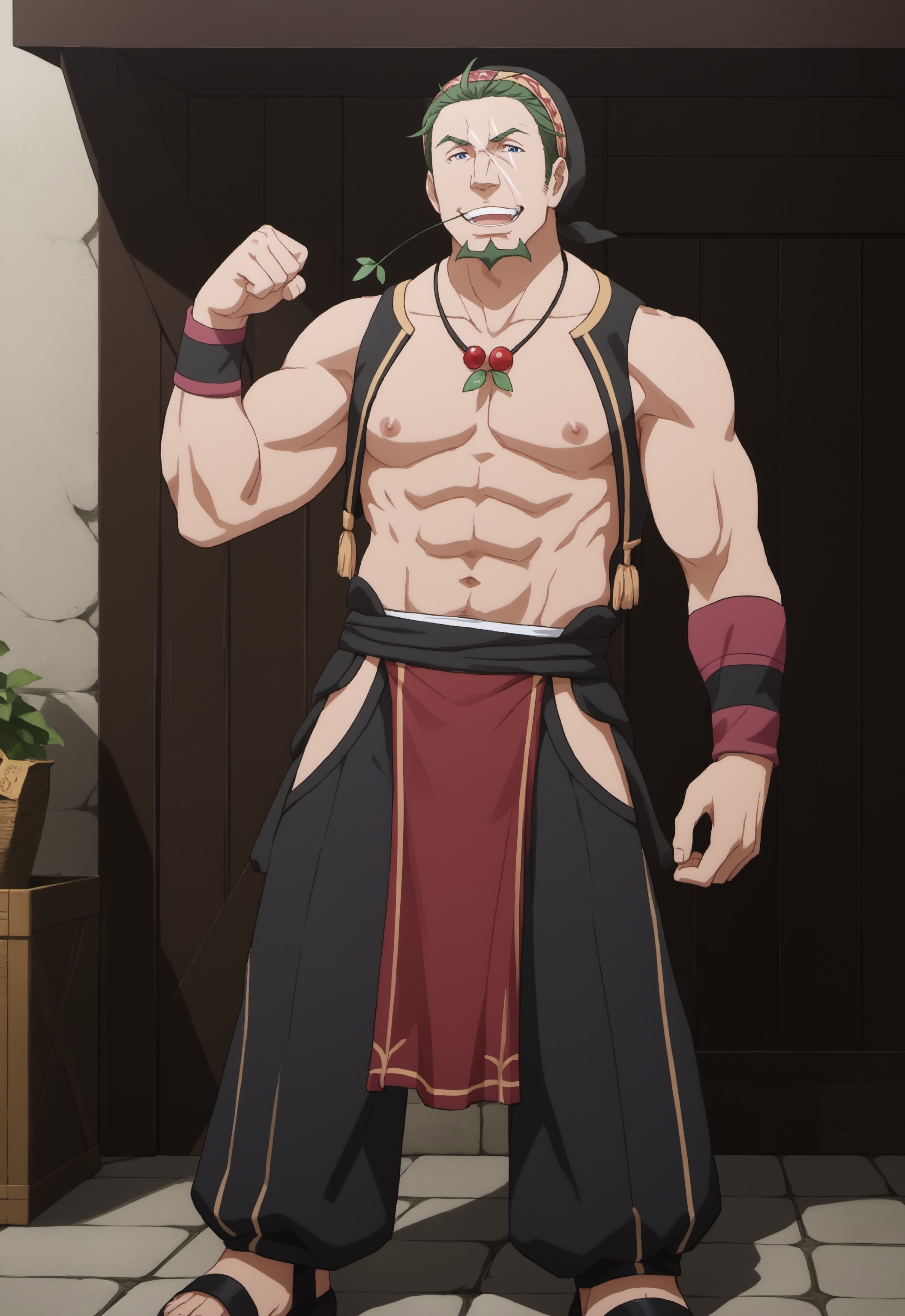 safe_pos, safe_pos, score_9, score_8_up, rating_nsfw, ultra hd, absurdres, best quality, masterpiece, masculine, solo, 1male, male focus, best anatomy, best eyes, best hands, sexiest man alive, erotic, gay porn, hand with five fingers, mature male, 90s cartoon, 90s art style,

ReZeroKadomon, headwear, green hair, blue eyes, goatee, market background, necklace, leaf in mouth, scar on face, full body view, red loincloth, full body, dutch angle, looking at viewer, smiling, flexing bicep, Expressiveh