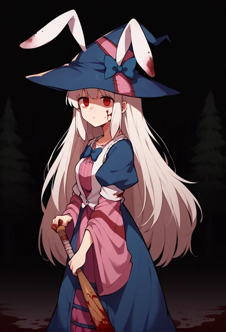 <lora:IrisuKyouko:1> irisu kyouko, 1girl, long hair, red eyes, white hair, very long hair, animal ears, rabbit ears, hat, witch hat, dress, striped, <lora:DarkerThanDarkV0.8:1>, forest, night, dark, from side, looking at viewer, blood on clothes, blood on face, baseball bat, holding a baseball bat, holding, empty eyes, horror \(theme\),, score_9, score_8_up, score_7_up, source_anime,