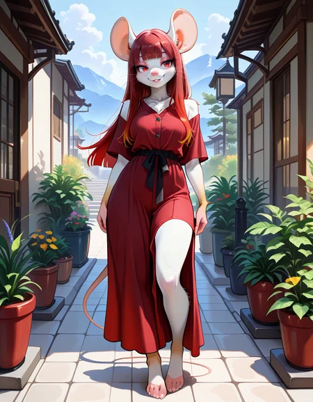 masterpiece, best quality, very aesthetic, absurdres,
outdoors,
full body, standing, posing, casual,
seductive smile, parted lips, long eyelashes,
<lora:Aniya_v01_NAIXL:1>
Aniya, 1girl, solo, furry, furry female, mouse girl, long hair, red hair, gradient hair, straight hair, blunt bangs, sidelocks, red eyes, long snout, animal nose, whiskers, body fur, white fur,