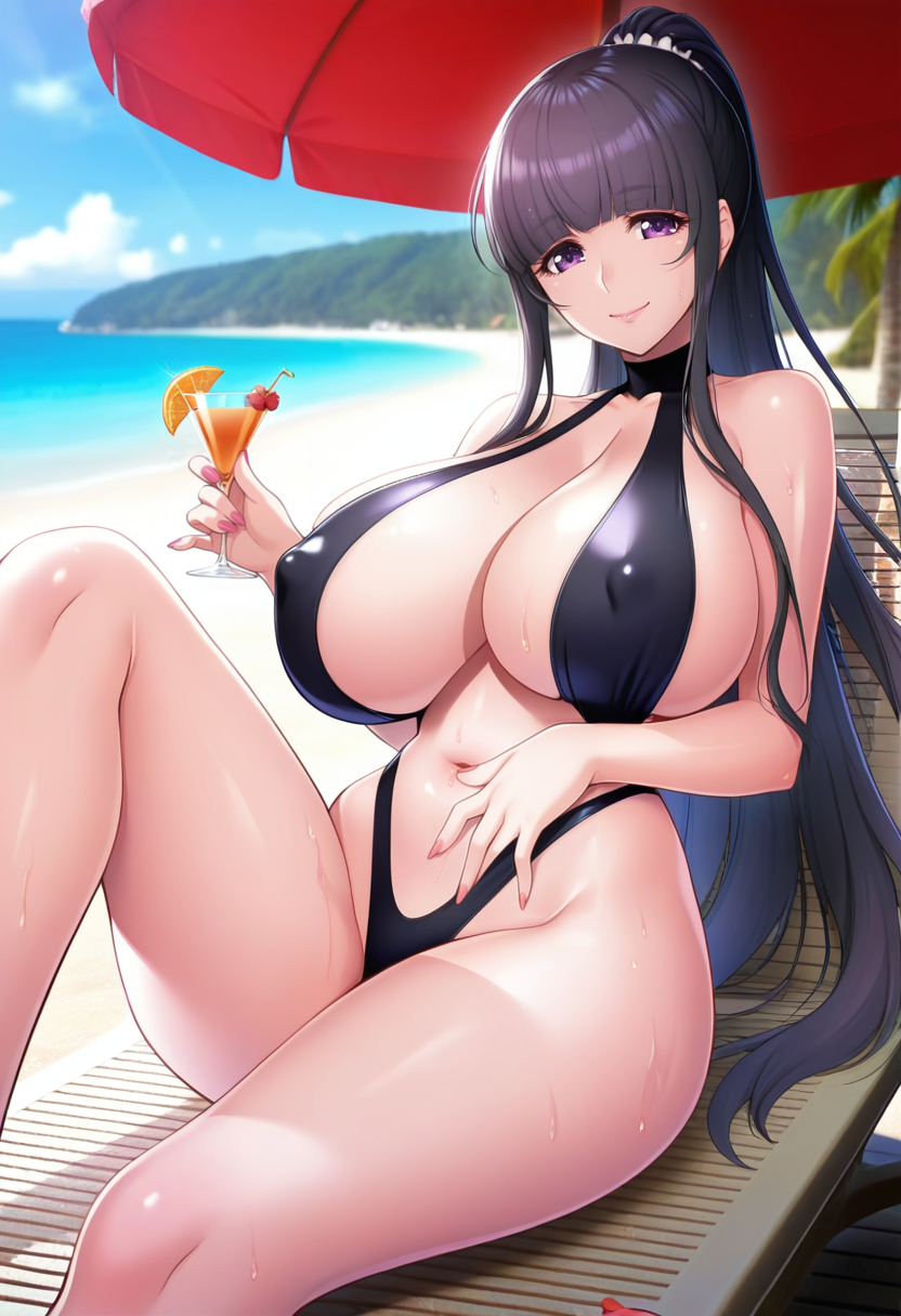 masterpiece, best quality, amazing quality,tomoe tajika, purple eyes, black hair, mature female, long hair, blunt bangs, ponytail, 1girl, breasts, solo,navel,huge breasts, covered nipples, black slingshot swimsuit,cleavage,highleg, smile, sitting, knee up, on back, lounge chair,holding cup, cocktail, beach, horizon, palm tree, towel,parasol, photo background, blurry background <lora:tomoe tajikaV1:0.9>