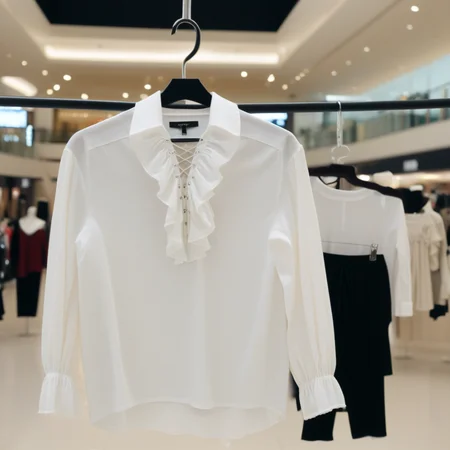 cinematic still PRTSHIRT, clothing only, white ruffle shirt on a hanger, drawstring, in a modern shopping mall . emotional, harmonious, vignette, 4k epic detailed, shot on kodak, 35mm photo, sharp focus, high budget, cinemascope, moody, epic, gorgeous, film grain, grainy, PRTSHIRT, clothing only, white ruffle shirt on a hanger, drawstring, in a modern shopping mall, dramatic ambient, cinematic, intricate detail, calm, sharp focus, beautiful, detailed, very inspirational, highly educated, deep color, fine light, excellent composition, dynamic background, elegant, rich vivid colors, perfect striking, aesthetic, pretty, innocent