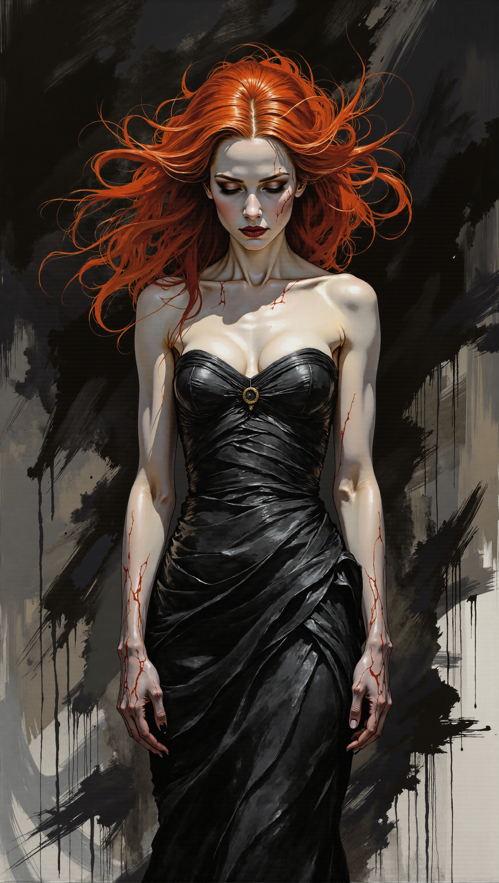 A dark fantasy digital painting depicting a woman with blight skin and slender, muscular arms and supernatural flowing untamed red hair that moves like flames against a gloomy abstract background. The woman wears a dramatic black evening gown with a sweetheart neckline that billows and flows around her athletic figure. Her beautiful slim face shows downcast eyes, against a dark, rocky cliff backdrop, creating an expression of melancholy. The composition places the woman centrally in the frame, viewed from a slight low angle, with abstract vertical rocky formations creating an ominous atmosphere through loose brushstrokes and dark drips. The color palette consists of blacks, grays, and vibrant red tones throughout the painting. Dramatic digital painting with atmospheric lighting and expressive brushstrokes on a dark background.