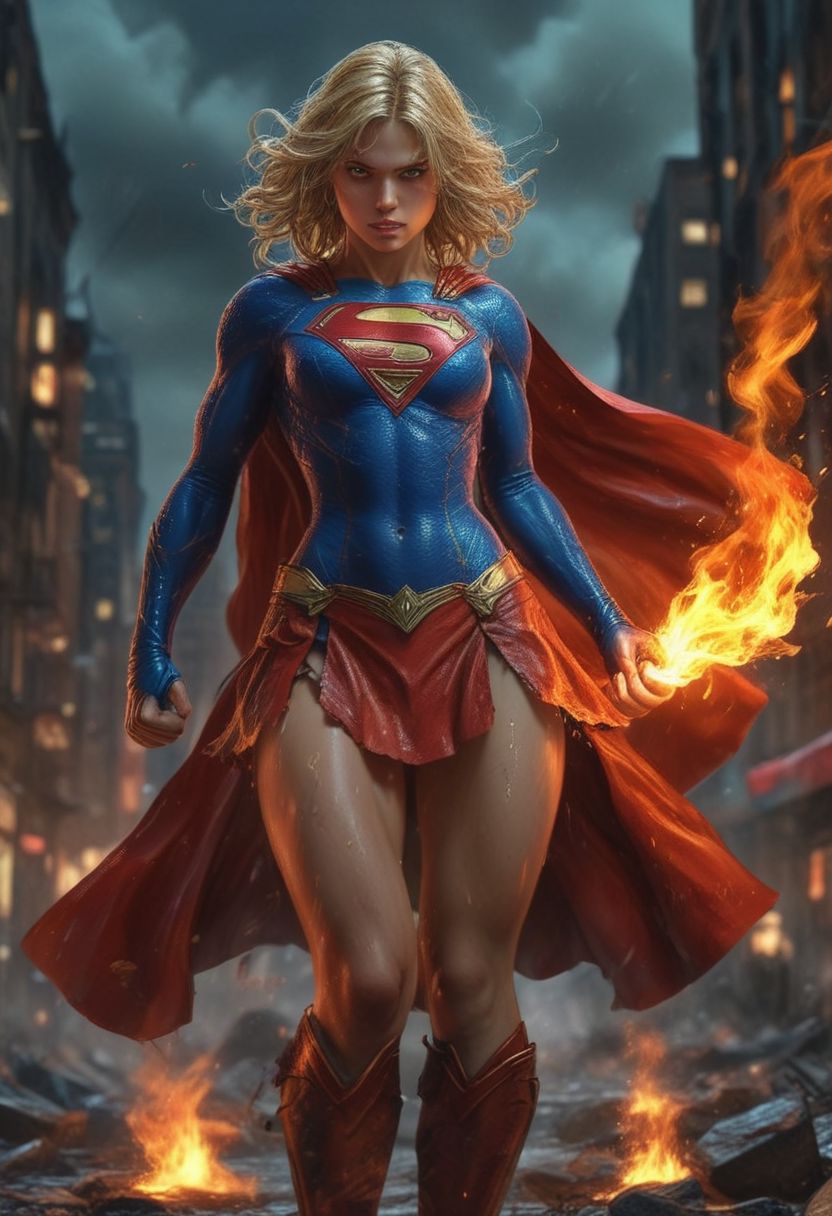 High resolution ultra-realistic of Beautiful Supergirl fighting against alien invasion, cinematic style, standing on a bloody and stormy battlefield in a fighting pose, bloody massacre, fire, realistic combat costume, red mini skirt, perfect athletic figure, wavy blonde hair, handsome dirty bloody face, beautiful perfect detailed pupils, wet oily shiny skin, beautiful firm Breasts, defiant and seductive, sexy 20 year old girl, 8k resolution concept art portrait by Greg Rutkowski, Dark Gotham City, Artgerm, WLOP, Alphonse Mucha, dynamic lighting, hyperdetailed, intricately detailed, Splash art trending on Artstation triadic colors, Unreal Engine, 5 volumetric lighting, Cinematic Lighting, intricate, smooth, sharp focus digital painting, Asymmetrical Balance, painting, dynamic lighting