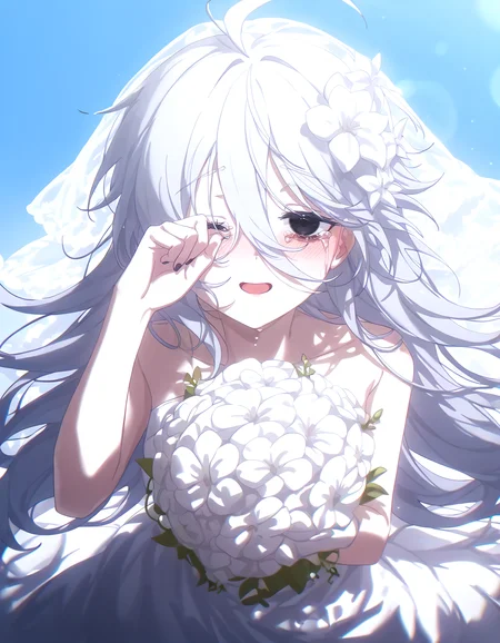1girl, solo, black eyes, dappled sunlight, bags_under_eyes, happy tears, open mouth, rubbing eyes, white_hair, grey_hair, very_long_hair, long bangs, ahoge, Shadwo, <lora:Shadow:0.4>, (masterpiece, best quality, highres:1.2), from above, arm up, floating hair, blush, looking at viewer, blue sky, lens flare, holding bouquet, wedding dress, veil, bokeh, hair flower, white flower, blurry, upper body, konya karasue, <lora:KonyaKarasue:0.6>, nail polish
