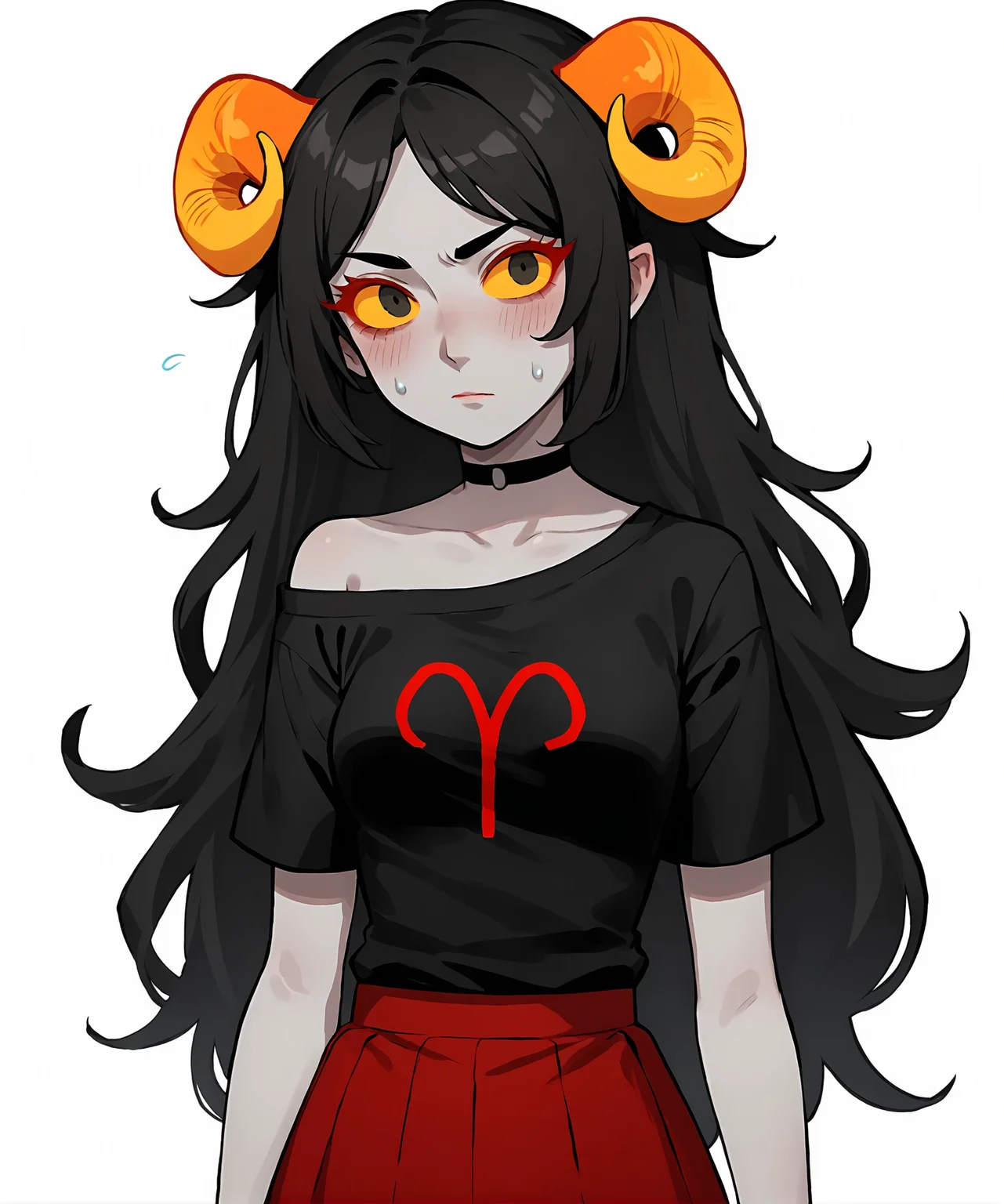 score_9, score_8_up, score_7_up, score_6_up, score_5_up, score_4_up, 2d, anime, anime artstyle, simple shadows, flat coloring, flat shadows, thick lines, white outline, <lora:Aradia_Megido_Homestuck_-_Starter_outfit_Deadalive_versions:0.8>, aradiastart, grey skin, yellow sclera, 1girl, solo, long hair, breasts, looking at viewer, blush, skirt, simple background, shirt, black hair, white background, horns, choker, sweatdrop, red skirt, colored skin, colored sclera, grey skin, yellow sclera, black shirt, off shoulder BREAK source_anime