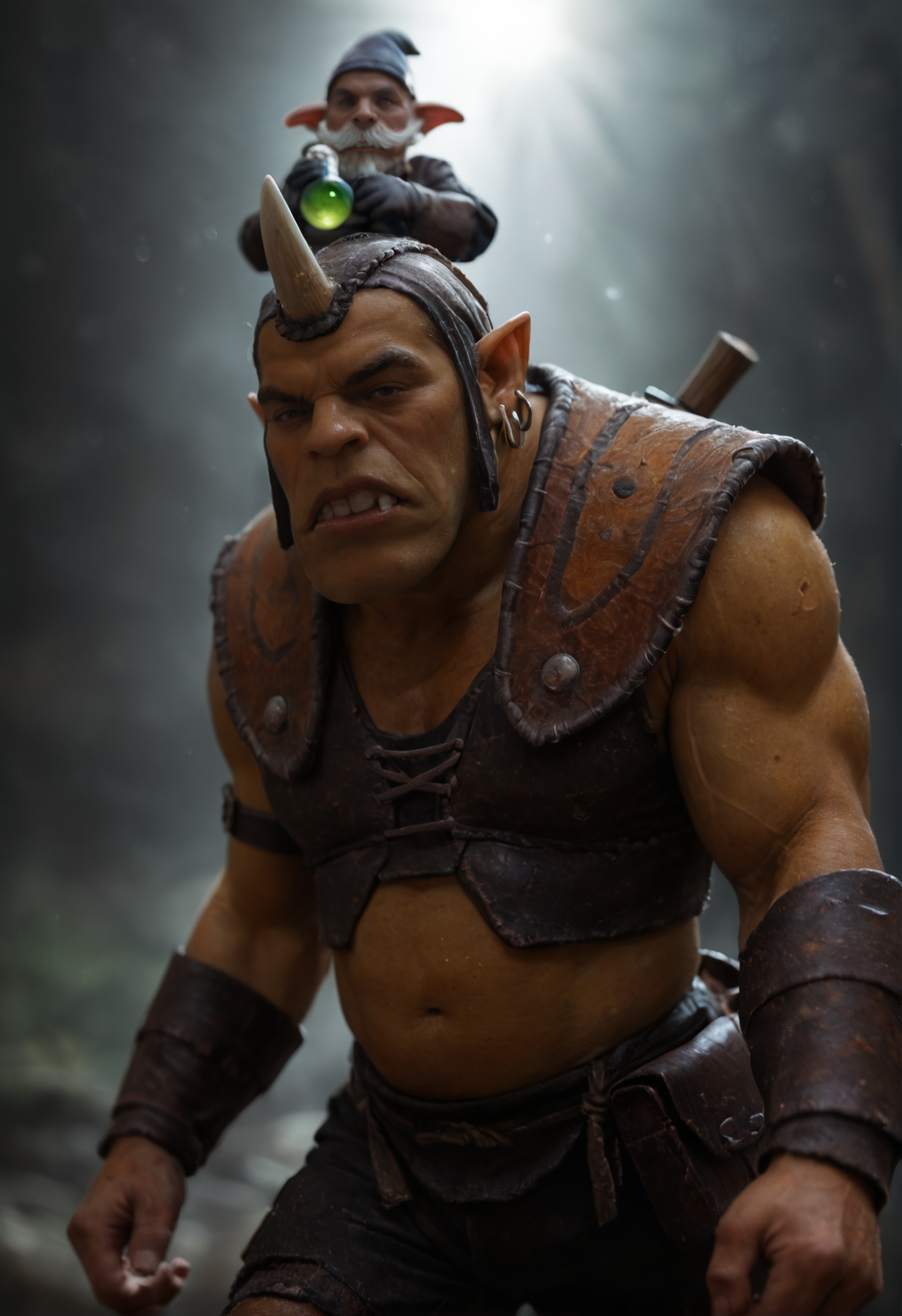 <lora:alhimist_v1:0.75>, alhimist_v1, 
2boys,multiple boys,
goblin, orc, pokemon \(creature\),
black eyes,
facial hair,mustache, beard, 
 single horn, 
 colored skin, green skin,  
pointy ears, teeth, 
earrings, nose piercing,
 brown footwear, armor, gloves, hat, helmet,  pants, torn clothes,, score_9, score_8_up, score_7_up, score_6_up, derpibooru_p_95, 
detailed eyes, beautiful, detailed background, perfect eyes, 
solo, 
__FULL__
blur censor, blurry, blurry background, blurry foreground, bokeh, motion blur,
chromatic aberration, depth of field, figure, focused,  focus
absurdres, amazing quality
photography, realistic sun light and shadows, photorealism, UHD --ar 9:16 --style raw --stylize 700,
rating_safe, cinematic, cinematic photo, close-up, portrait, orange rim lighting, atmospheric, bokeh, dynamic angle, vibrant lighting, dramatic shadows, highly detailed, realistic, high contrast, extremely detailed, photorealistic, professional, detailed skin, depth of field, film grain,