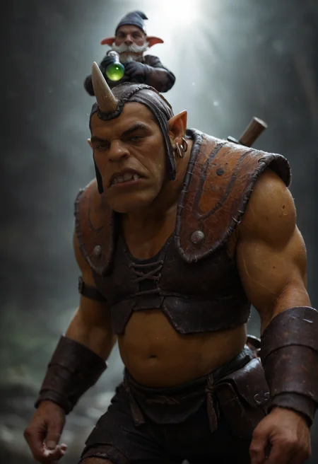 <lora:alhimist_v1:0.75>, alhimist_v1,
2boys,multiple boys,
goblin, orc, pokemon \(creature\),
black eyes,
facial hair,mustache, beard,
single horn,
colored skin, green skin,
pointy ears, teeth,
earrings, nose piercing,
brown footwear, armor, gloves, hat, helmet, pants, torn clothes,, score_9, score_8_up, score_7_up, score_6_up, derpibooru_p_95,
detailed eyes, beautiful, detailed background, perfect eyes,
solo,
__FULL__
blur censor, blurry, blurry background, blurry foreground, bokeh, motion blur,
chromatic aberration, depth of field, figure, focused, focus
absurdres, amazing quality
photography, realistic sun light and shadows, photorealism, UHD --ar 9:16 --style raw --stylize 700,
rating_safe, cinematic, cinematic photo, close-up, portrait, orange rim lighting, atmospheric, bokeh, dynamic angle, vibrant lighting, dramatic shadows, highly detailed, realistic, high contrast, extremely detailed, photorealistic, professional, detailed skin, depth of field, film grain,