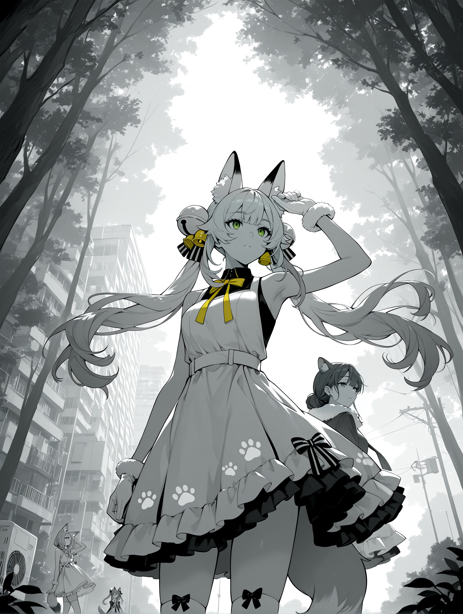 IllustriousQual <lora:cfg_scale_boost:0.3> <lora:StS-Illustrious-Detail-Slider-v1.0:3>,detailed_background,outdoors,animal ear fluff,eyelashes,cowboy shot,double bun,striped bow,cover page,too many watermarks,city,kamu \(poulro\),green eyes,bare shoulders,hair ornament,apartment,tail,fur-trimmed gloves,air conditioner,floating hair,short dress,day,white bow,cover,twintails,solo,hair bun,monochrome,dot nose,yellow ribbon,paw print,black shirt,shirt,absurdres,long hair,hair bow,scenery,nature,school uniform,yellow bow,outdoors,collared shirt,greyscale,multiple girls,fox ears,from below,fur trim,white gloves,ribbon,dress bow,gloves,thighhighs,paw print pattern,high collar,2girls,frilled dress,weibo watermark,sleeveless,white dress,shirt under dress,sleeveless shirt,dress,fox girl,forest,hair bell,arm up,highres,sleeveless dress