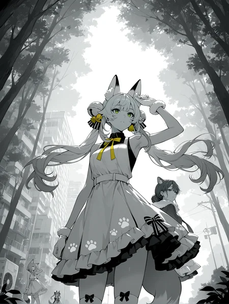 IllustriousQual <lora:cfg_scale_boost:0.3> <lora:StS-Illustrious-Detail-Slider-v1.0:3>,detailed_background,outdoors,animal ear fluff,eyelashes,cowboy shot,double bun,striped bow,cover page,too many watermarks,city,kamu \(poulro\),green eyes,bare shoulders,hair ornament,apartment,tail,fur-trimmed gloves,air conditioner,floating hair,short dress,day,white bow,cover,twintails,solo,hair bun,monochrome,dot nose,yellow ribbon,paw print,black shirt,shirt,absurdres,long hair,hair bow,scenery,nature,school uniform,yellow bow,outdoors,collared shirt,greyscale,multiple girls,fox ears,from below,fur trim,white gloves,ribbon,dress bow,gloves,thighhighs,paw print pattern,high collar,2girls,frilled dress,weibo watermark,sleeveless,white dress,shirt under dress,sleeveless shirt,dress,fox girl,forest,hair bell,arm up,highres,sleeveless dress