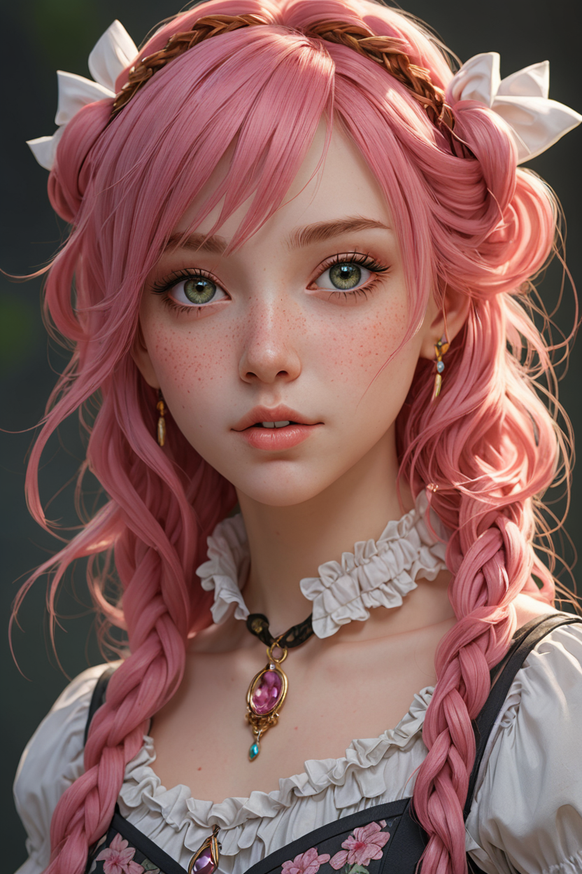red green black eyes,rutkowski repin,wlop,natural pink hair realistic,image,bokeh,night,of an incredibly beautiful happy,woman anime style,large pefect eyes Jean-Baptiste Monge style,with highlights in her eyes,light freckles pink and white frilly dress and plaited hair with ribbons stanley artgerm lau style,wlop style,rossdraws style,outdoor hyper detailed,(((rich dark shadows))),Wlop,Artgem,artstation,cgsociety,8K UHD,HDR,fullbody,anime