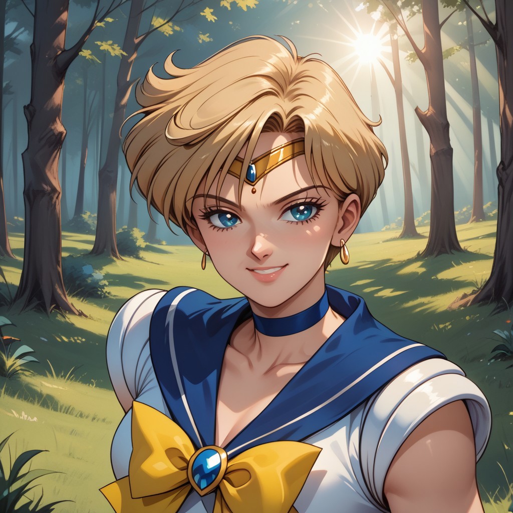 score_9, score_8, BREAK, solo, Sailor Uranus, blonde short hair, sailor senshi uniform, darkblue boots, circlet, darkblue skirt, darkblue sailor collar, yellow bowtie, darkblue choker, white gloves, sexy pose, self portrait, smile, outdoors, sunlight, shadows, evening lighting, natural lighting, forest, trees, grass, orange sky, sunset