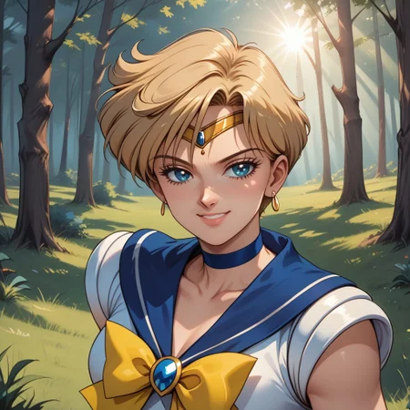 score_9, score_8, BREAK, solo, Sailor Uranus, blonde short hair, sailor senshi uniform, darkblue boots, circlet, darkblue skirt, darkblue sailor collar, yellow bowtie, darkblue choker, white gloves, sexy pose, self portrait, smile, outdoors, sunlight, shadows, evening lighting, natural lighting, forest, trees, grass, orange sky, sunset