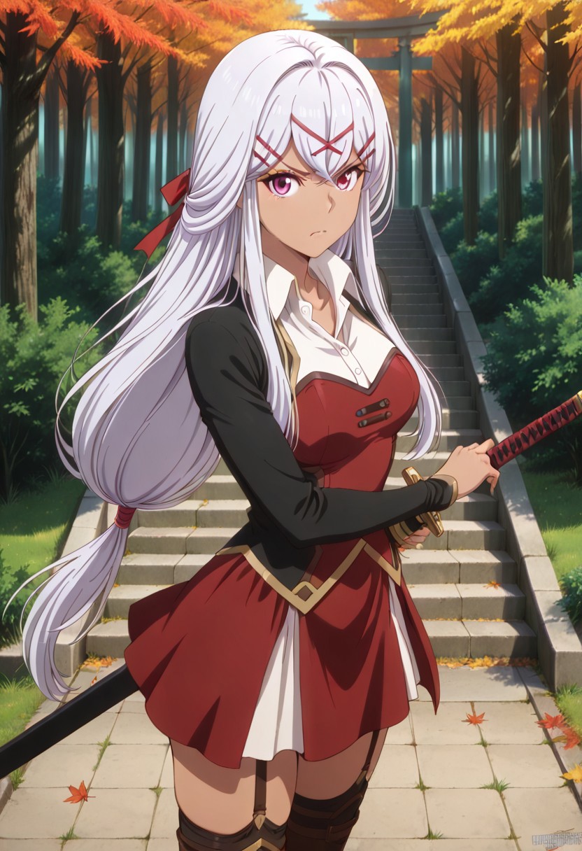 score_9, score_8_up, score_7_up, dynamic view, eye_focus, solo, looking_at_viewer, 1girl, 
masterpiece, best quality, bokeh, luminescent background,
(yulishia,  dark-skinned female, white hair, long hair, hair between eyes, bangs,  purple eyes, hair ornament, hairclip, x hair ornament, hair ribbon, red ribbon, medium breasts,   black jacked, white shirt, collared shirt, wing collar, long sleevs, red dress,  dress skirt, red skirt, black thighhighs, brown boots, scabbard, sword in scabbard, sword,
 ),
 outdoors, stairs, stone stairs, autumn, autumn leaves, (forest), nature, battoujutsu stance, ready to draw, fighting stance, unsheathing, sheath, holding sheath, cowboy shot,  torii, scenery, looking at viewer, blurry, blurry background, v-shaped eyebrows, serious, closed mouth