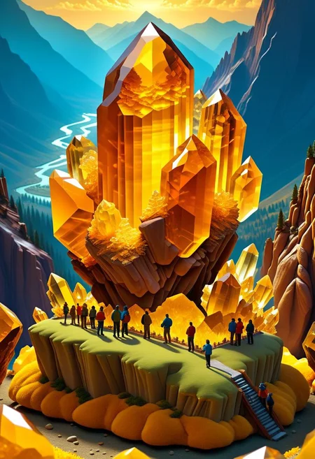 ispzxll, diorama, isometric, miniature, volumetric lighting style, intricate details, massive citrine crystal formation, natural setting, valley with mountains in background, crowds of people gathered, tourists, flash photography, news helicopter