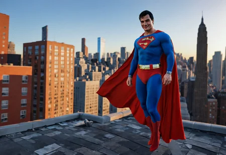 1man, solo, a handsome man in a superman suit is walking on a city rooftop with a blue and red suit on and a red cape, photorealism <lora:last:0.2>, black hair, blue eyes, <lora:Superman v3:1>, red belt, Funny <lora:Beautiful face_alpha1.0_rank4_noxattn_last:0.5> outdoors, cityscape, golden hour, looking at viewer, closed mouth smile, Photography, stvmccrr style, stvmccrr