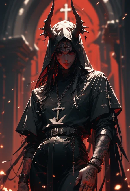 (score_9, score_8_up), score_7_up, 1girl, long hair, smile, simple background, black hair, red eyes, long sleeves, dress, jewelry, pantyhose, cowboy shot, belt, necklace, black dress, bracelet, fingernails, tattoo, chain, horns, ring, cross, veil, red background, nun, habit, cross necklace, covered eyes, hand tattoo, source_anime
dof, depth of field, blurry background, embers, CINE
 <lora:unholy-000009:0.8>   <lora:CINE-000008:0.2>