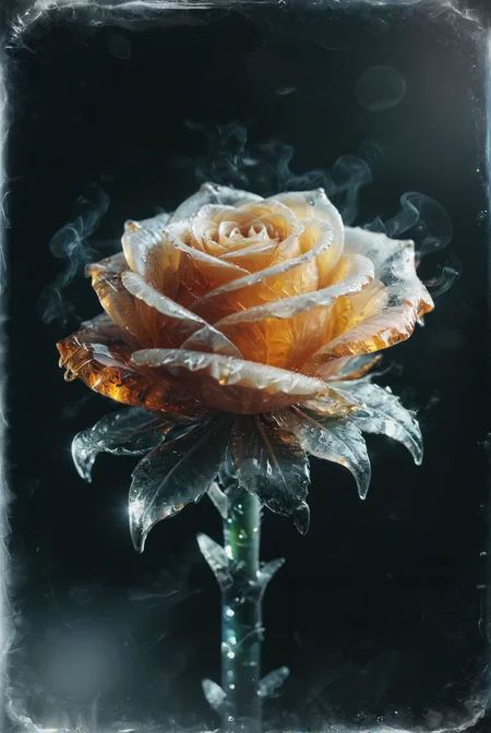 Close-up of an ice rose that appears to be made of glass. Sunlight sparkles within, reflecting and refracting through the delicate petals.,
deep depth of field, photography, Natural geographic photo, Hyper-realistic, 16k resolution, (masterpiece, award winning artwork), many details, extreme detailed, full of details, Wide range of colors, high Dynamic,
<lora:add-detail-xl:2> <lora:CBS_novuschroma37 style_b:1> novuschroma37 style, style of holga photography, light leaks, double exposure, <lora:Ice:0.5> ice, smoke effect, <lora:ral-amber:1> ral-amber