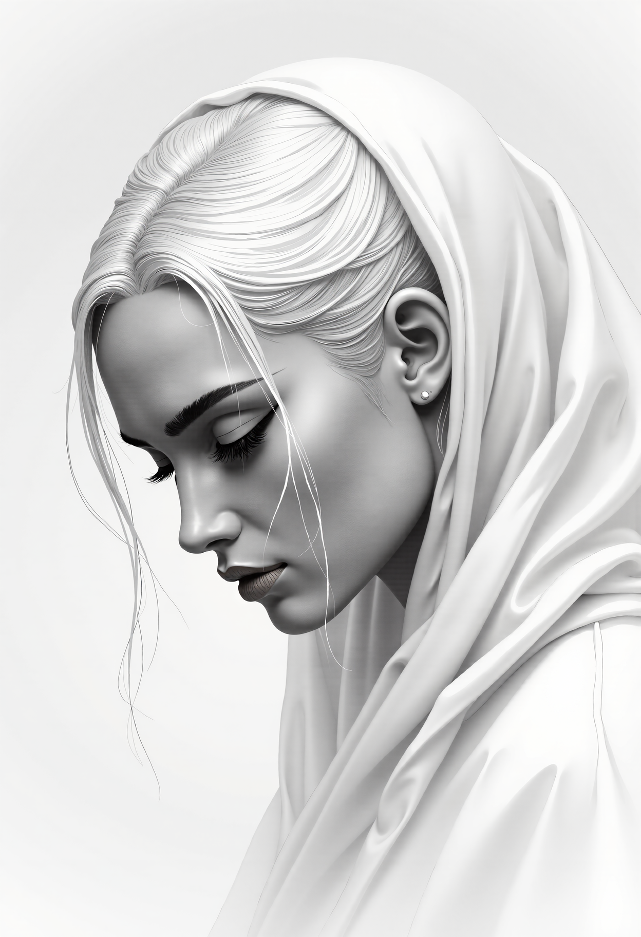 A close-up portrait in monochrome pencil and charcoal drawing of a woman with an almost ethereal beauty. She gazes thoughtfully with her head slightly bowed at the ground.

The composition uses soft and smooth transitions in white and gray tones achieved with pastel chalks.

Her face is narrow, with half-closed eyes, beautiful eyebrows, and eyelids drawn slightly darker. She has a straight nose and well-formed lips. Her long, flowing white hair cascades down her shoulders in soft waves. She is wearing a flowing, white cloak that drapes elegantly around her, partially covering her hair. 

This transition between her hair and the cloak is painted with blurry, smooth, flowing lines. 
The drawing captures a serene and calming atmosphere, emphasizing the delicate and realistic details.