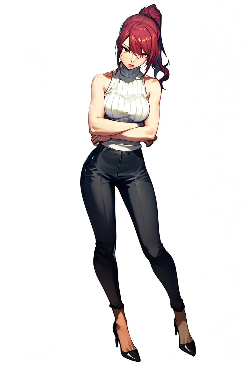 score_9, score_8_up, score_7_up, ultra-detailed, good lighting
(((1 girl))), solo female, full body view
full view, facing camera,
red eyes, strong expression, posing,
standing, arms crossed under breasts,. one leg extended to the side
(white background) p3mitsuru-sumcas, turtleneck, sleeveless turtleneck, sleeveless, ribbed turtleneck, bare shoulders, pants, black pants, capri pants, casual, high heels