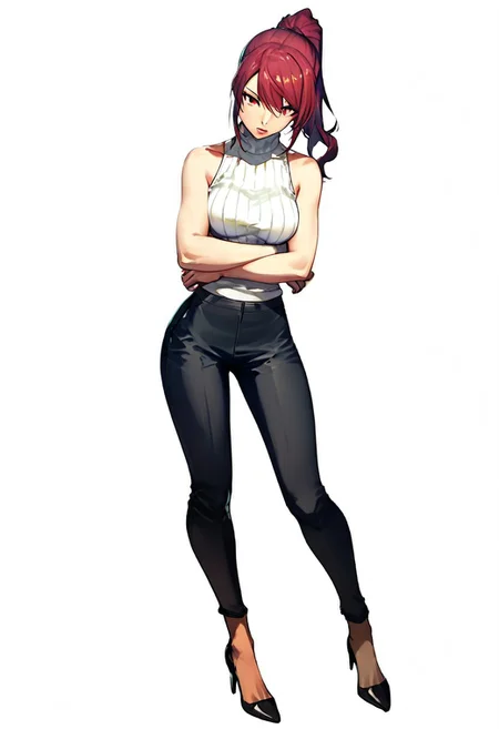 score_9, score_8_up, score_7_up, ultra-detailed, good lighting
(((1 girl))), solo female, full body view
full view, facing camera,
red eyes, strong expression, posing,
standing, arms crossed under breasts,. one leg extended to the side
(white background) p3mitsuru-sumcas, turtleneck, sleeveless turtleneck, sleeveless, ribbed turtleneck, bare shoulders, pants, black pants, capri pants, casual, high heels