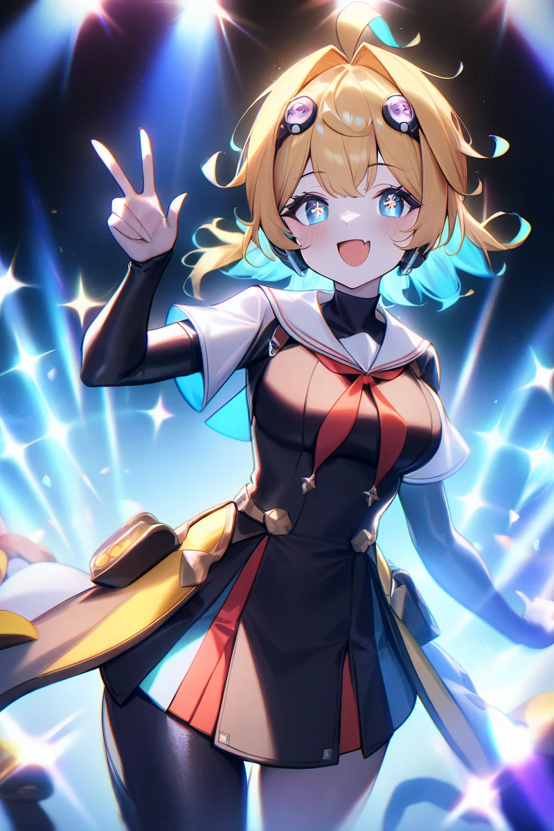 1girl,SZB,|,<lora:SZB-beta:0.8>,blue eyes,stage lights,stage,Cinematic Lighting,strong rim light,cowboy_shot,looking_at_viewer,eyeball,;d,v,<lora:llmy:1>,blonde hair,split-color hair,(symbol-shaped pupils:1.2),+ +,, masterpiece, best quality, very aesthetic, absurdres