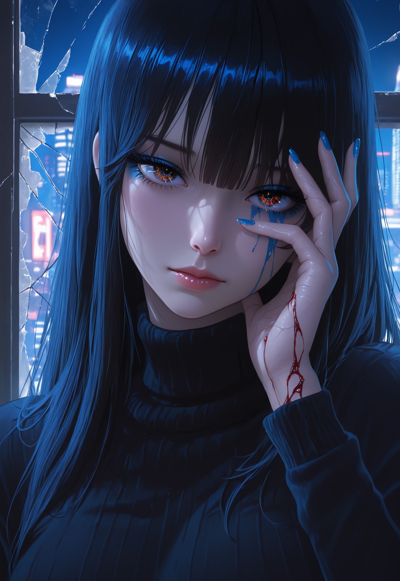 Hype4realistic, (masterpiece), (best quality), (ultra-detailed), (anime style), solo, portrait, dark hair, lips, seductive, blue eyeliner, beautiful detailed face, sexy woman, night, city background, Semi-realism, 1980s vibe, long hair, gloomy, expressionless, dismal, pale skin, black latex turtleneck sweater, Asian face, luxe eyeliner, drama eyeliner, blue around eyes, gaze, nail polish, one hand on face, looking at viewer, eyes between fingers, crazy gaze, sharp eyes, broken window, broken glass, bleeding hand, visible veins on the hand, tear falls from her eye, hand blood mark on window, indoors