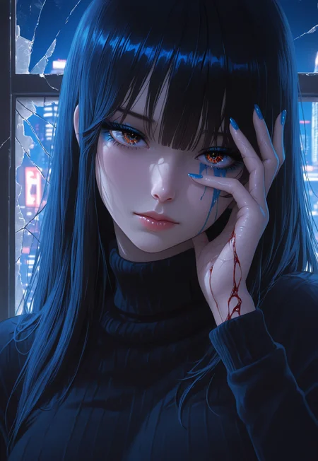 Hype4realistic, (masterpiece), (best quality), (ultra-detailed), (anime style), solo, portrait, dark hair, lips, seductive, blue eyeliner, beautiful detailed face, sexy woman, night, city background, Semi-realism, 1980s vibe, long hair, gloomy, expressionless, dismal, pale skin, black latex turtleneck sweater, Asian face, luxe eyeliner, drama eyeliner, blue around eyes, gaze, nail polish, one hand on face, looking at viewer, eyes between fingers, crazy gaze, sharp eyes, broken window, broken glass, bleeding hand, visible veins on the hand, tear falls from her eye, hand blood mark on window, indoors
