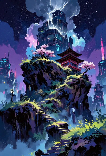 aidmafluxpro1.1, abstract style of Bruce Holwerda,
intricate linework with expressive contrasts,
A surreal view of a futuristic nighttime metropolis. In the middle of the city there is a high table mountain with steep cliffs. On the plateau of the mountain there is a cozy Japanese garden with an ancient Japanese temple, red gate, cherry blossoms and green bushes. The mountain is surrounded on all sides by cyberpunk skyscrapers with neon signs in all colors of the rainbow. The temple on the mountain is illuminated to stand out against the night sky. The garden seems ghostly and mystical. There are stone steps carved into the rock. The sky is studded with stars and swirling galaxies. A fantastic landscape.
i11ustmin Illustration