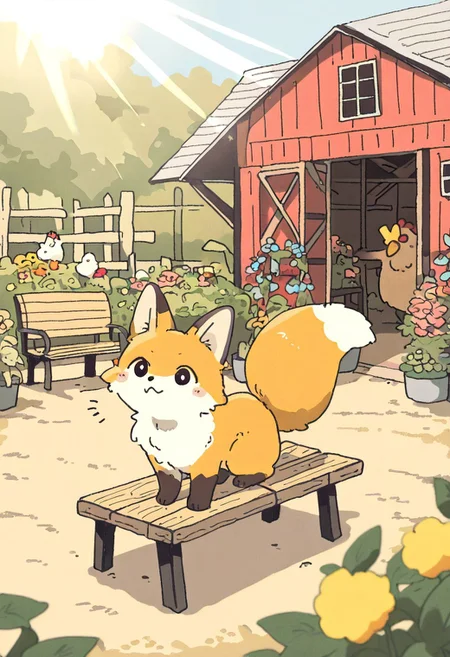 (masterpiece, best quality, high quality, highres), very awa, highres, absurdres,
chii-kun \(seedyoulater\), naguru \(cyoroama\), 
(fox:1.2), (no humans:1.1), paws, fur, (cute:1.2), comfy, solo, 
surprised, silly, OO,
chicken, garden, barn, bench, day, sunlight, sun rays, beautiful background,