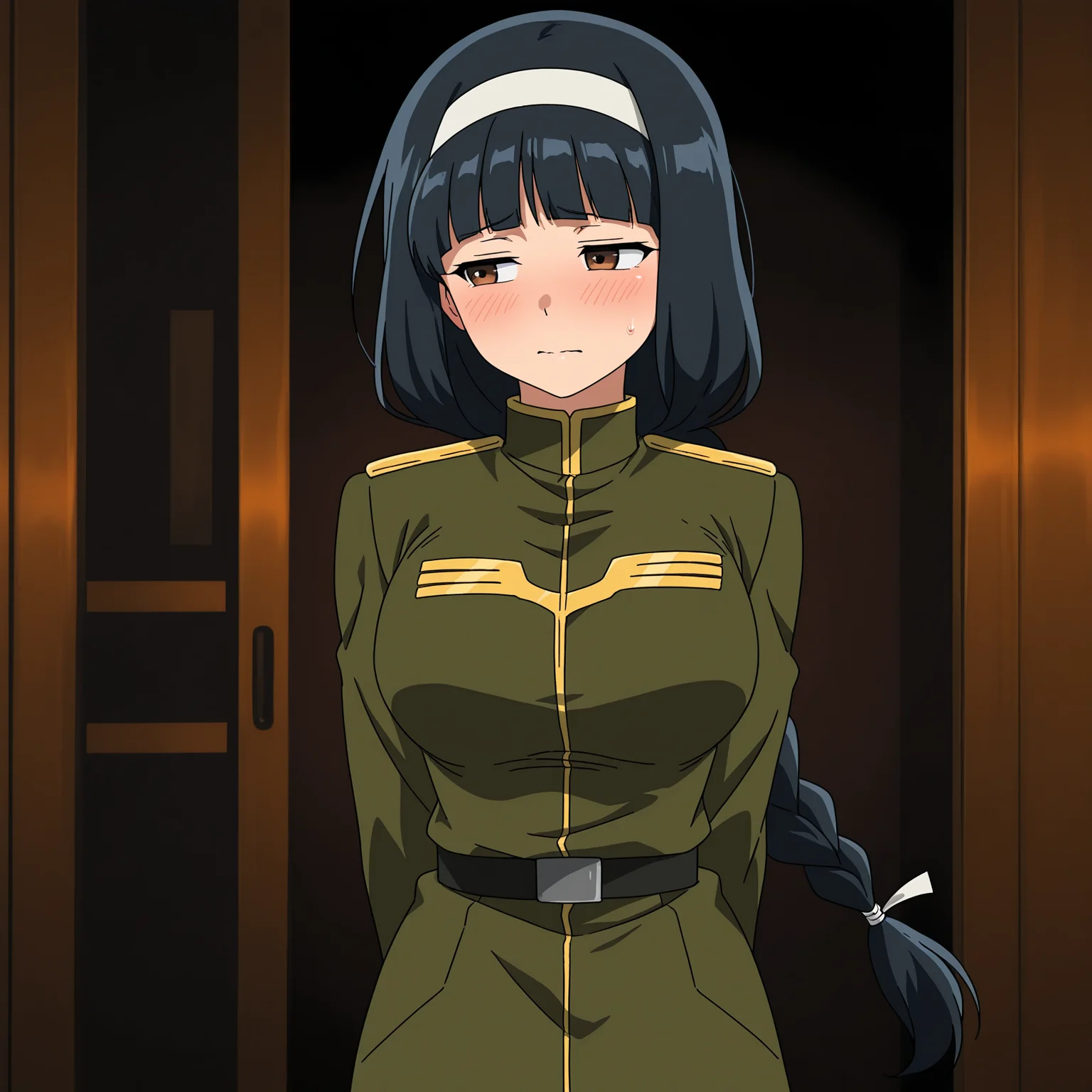 masterpiece, best quality, amazing quality, anime screencap, 1girl, solo, standing, cowboy shot, nervous, averting eyes, <lora:Kergerenko08:0.9>, Kergerenko08, black hair, blunt bangs, single braid, hairband, brown eyes, large breasts, green military uniform, green pants