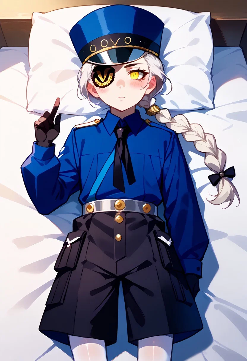 <lora:pony_good_hands:1>, <lora:Anime Style 2 SDXL_LoRA_Pony Diffusion V6 XL:0.7>, score_9, score_8_up, score_7_up, source_anime, good_hands, 
from above, 
<lora:VelTwins-000010:1>, 1girl, solo, p5just, white hair, single braid, eyepatch, left eyepatch, black gloves, uniform, blue hat, blue collared shirt, black necktie, long sleeves, black shorts, single white thighhigh, 
lying, on bed, 
<lora:Expressive_H:1>, yellow eyes, looking at viewer, expressionless, blush,