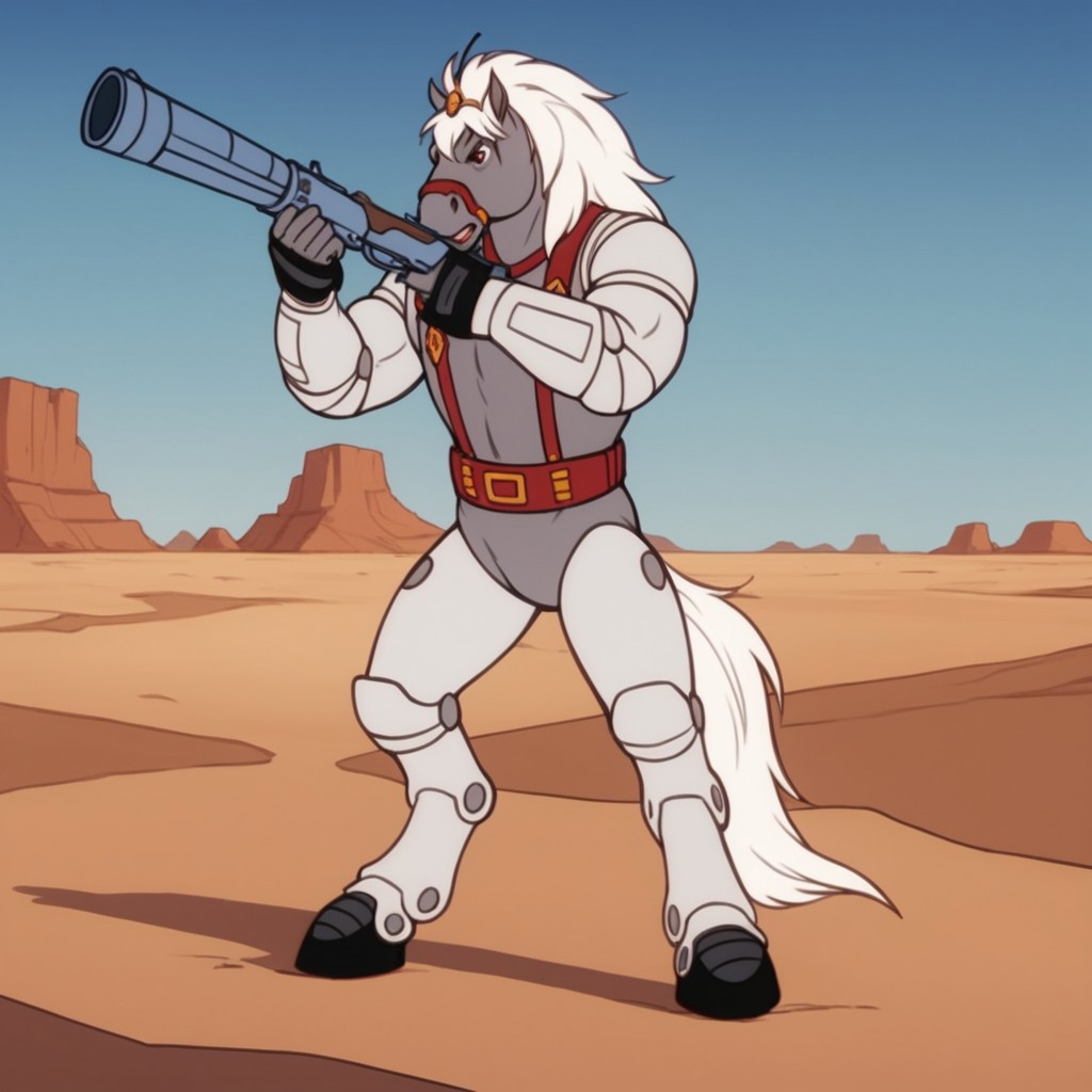 score_9, score_8_up, score_7_up, score_6_up, score_5_up, score_4_up, source_furry, thirty/thirtyBs, anthro, male, horse, grey fur, white hair, robotic limbs, red harness, desert, standing, holding, gun, blunderbuss, aiming gun