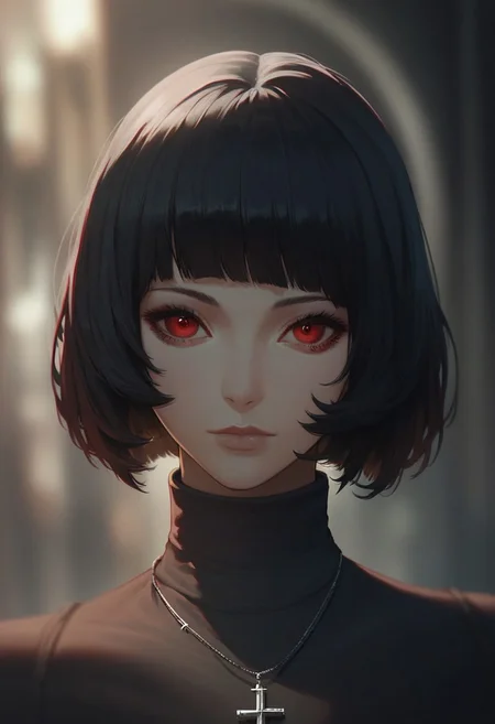 score_9, score_8_up, score_7_up, SLVTK, 1girl, solo, short hair, black hair, jewelry, looking at viewer, necklace, cross, portrait, bangs, red eyes, closed mouth, turtleneck, blurry background, cross necklace, lips, piercing, blurry, bob cut, eyelashes