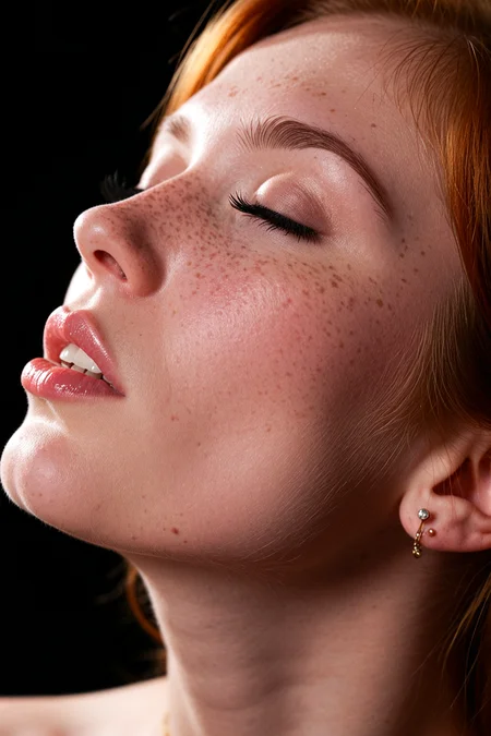 1girl, floating hair, portrait, earrings, parted lips, glowing, half-closed eyes, eyelashes, nose, black background, blurry, original, jewelry, depth of field, upper body, freckles, <lora:dmd2_sdxl_4step_lora_fp16:1.0>