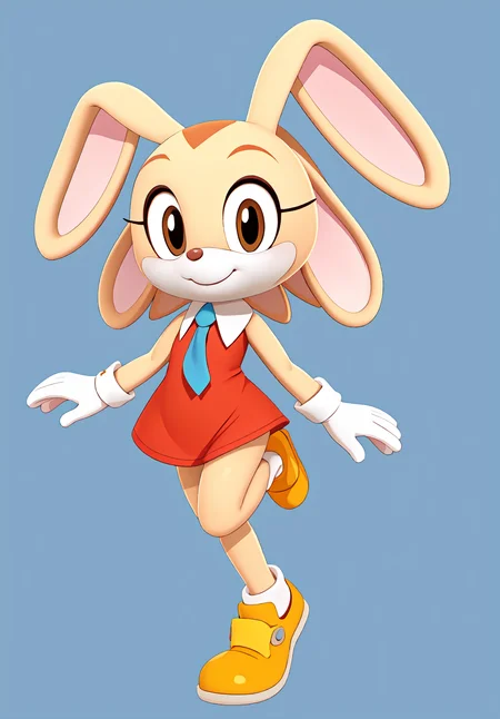 <lora:Cream_the_Rabbitv2:0.8>, Cream_the_Rabbit, 1girl, solo, looking at viewer, smile, simple background, closed mouth, standing, full body, blue background, leg up, happy, standing on one leg, heel up