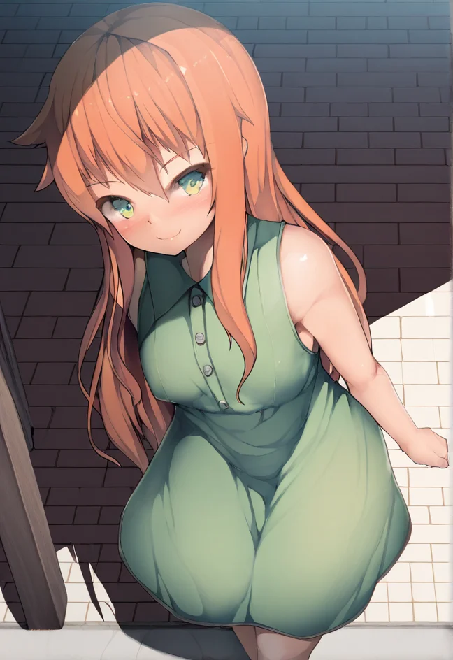 miurahha, 1girl, green eyes, smile, long hair, solo, dress, orange hair, sleeveless, green dress, shadow,
<lora:Miurahha_Style:1>, masterpiece, best quality, amazing quality, very aesthetic, absurdres, newest,