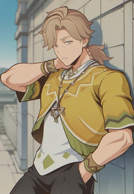 masterpiece, best quality, newest, extreme detail description, amazing quality, solo, muscular male,1boy, solo, Aug_GI, blonde hair, ponytail, blue yes, white shirt, necklace, yellow poncho, bracelet, black pants, hand in pocket, hand in own neck, looking at viewer, leaning on wall, outside, blue skies