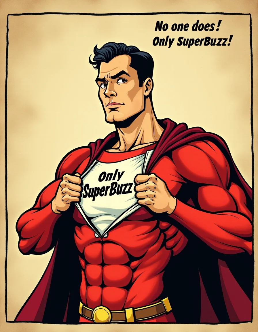 Cartoon illustration of super hero in red suite with cloak behind back, man tears his shirt and we see "SuperBuzz" text on breast, title text "No one does! Only SuperBuzz!" at top side frame, comics style, old paper texture background