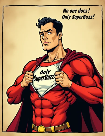 Cartoon illustration of super hero in red suite with cloak behind back, man tears his shirt and we see "SuperBuzz" text on breast, title text "No one does! Only SuperBuzz!" at top side frame, comics style, old paper texture background