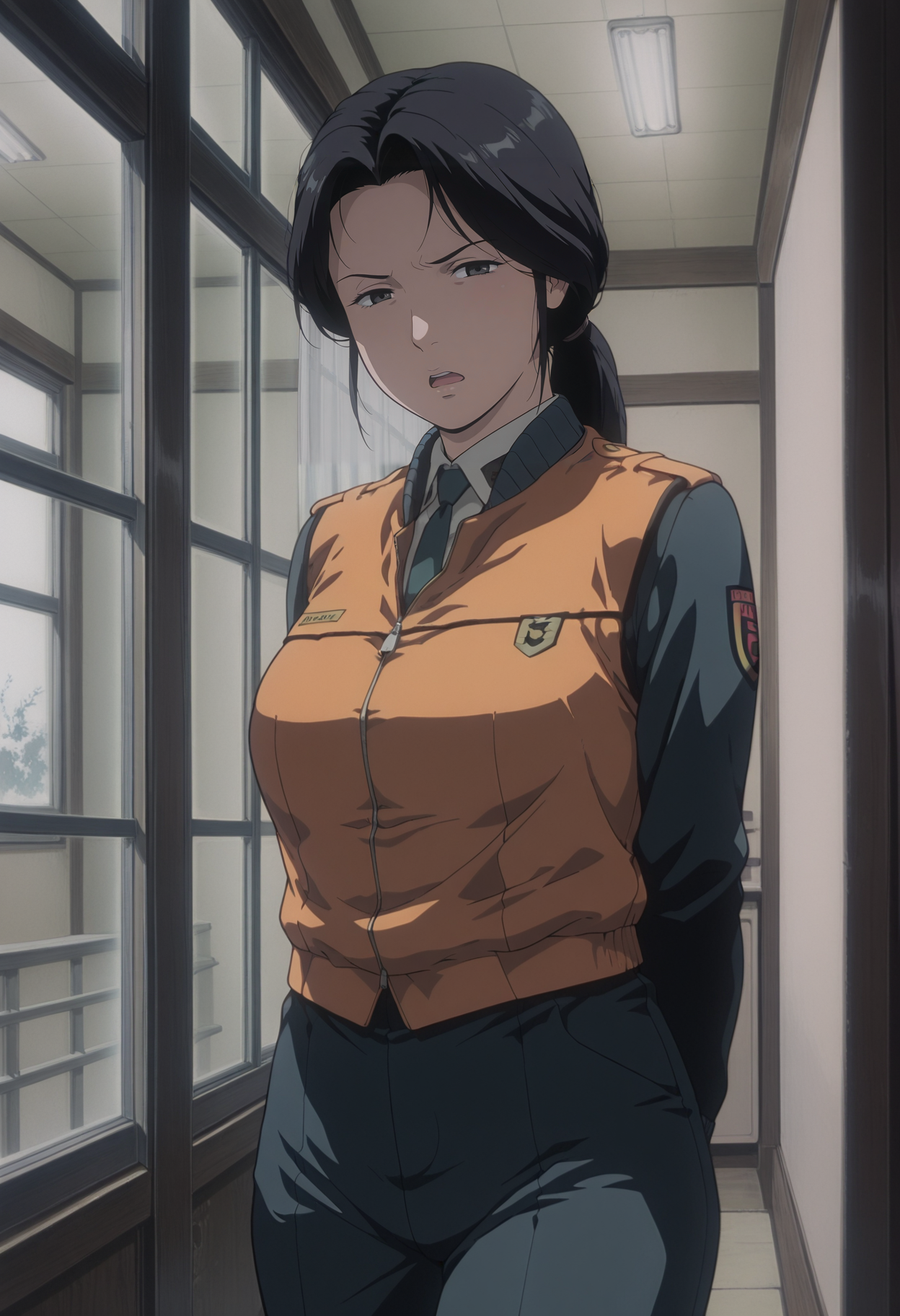 1girl,solo,mm,mature female,black hair,ponytail,
uniform,orange vest,looking at viewer, frown,open mouth,standing, indoors
,masterpiece,best quality,amazing quality,<lora:Shinobu_Nagumo-Patlabor_2:0.8>
