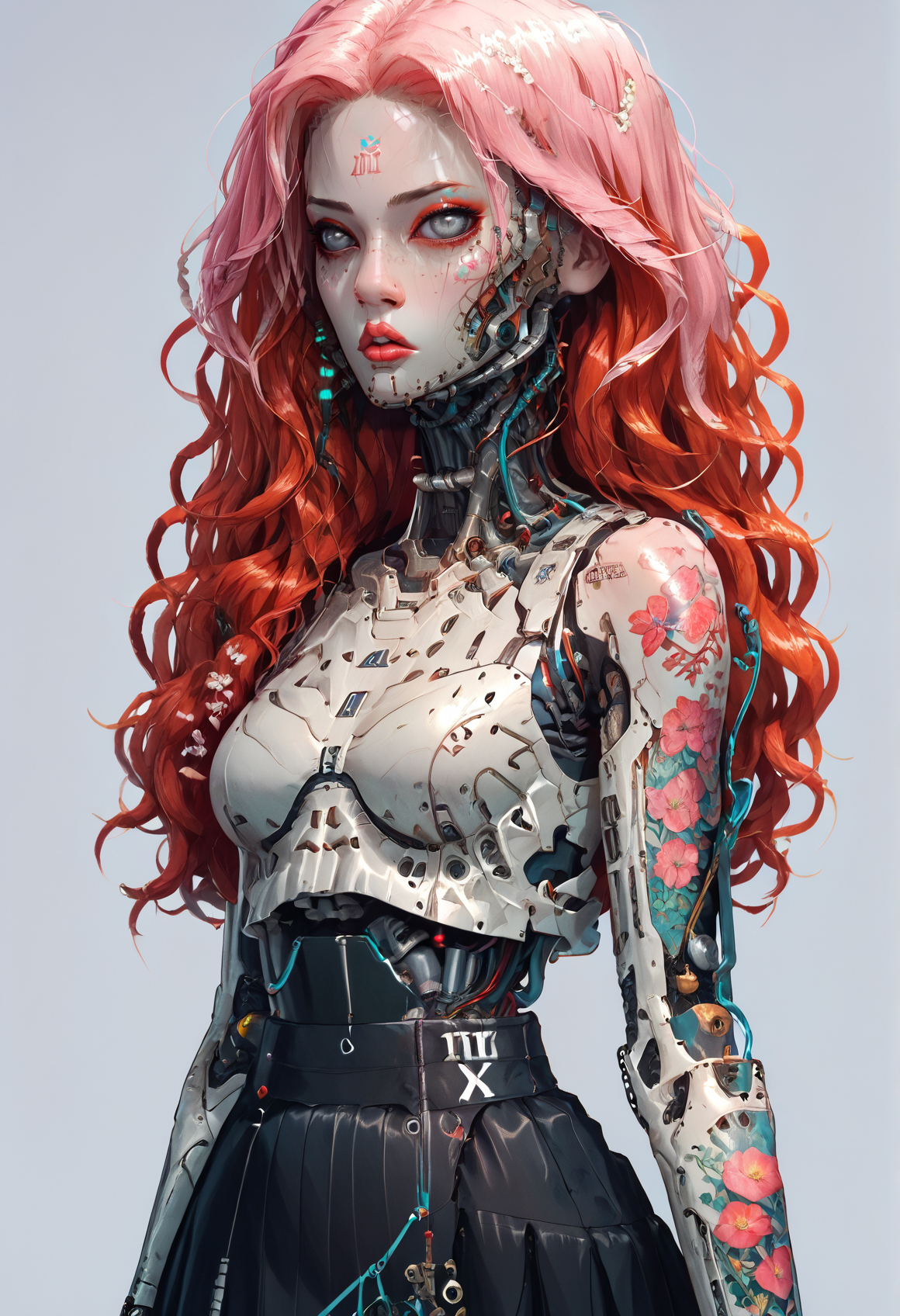 score_9,score_8_up,score_7_up,score_6_up,score_5_up,score_4_up,1 girl,solo,female focus,looking at the spectator,(Oval face, grey eyes, thin lips, long wavy red hair, 5'7", 128 lbs, medium breasts, narrow waist, slim build, a mandala tattoo on the upper back, pale skin with a pink undertone, high forehead, and a sharp nose.:1.3),(A black lace bra paired with a vibrant red puffy mini skirt, and finished with sleek black high heels on a platform, featuring intricate lace details and a voluminous skirt made of luxurious satin fabric, creating a stunning contrast.:1.3),(plain contrasting background:1.3),(full-length:1.5),hands,Perfect hand,Perfect feet,Perfect eyes,cyb0rg,science fiction,cable,mechanical parts,<lora:feet v3:1>,<lora:hand 4:1>,<lora:PerfectEyesXL:1>,zPDXL2,zPDXLpg,<lora:cyb0rgXLP:0.8>,<lora:add-detail-xl:1>,<lora:DP-Pony:1>,p33rs,<lora:incase-ilff-v3-4:0.2>,