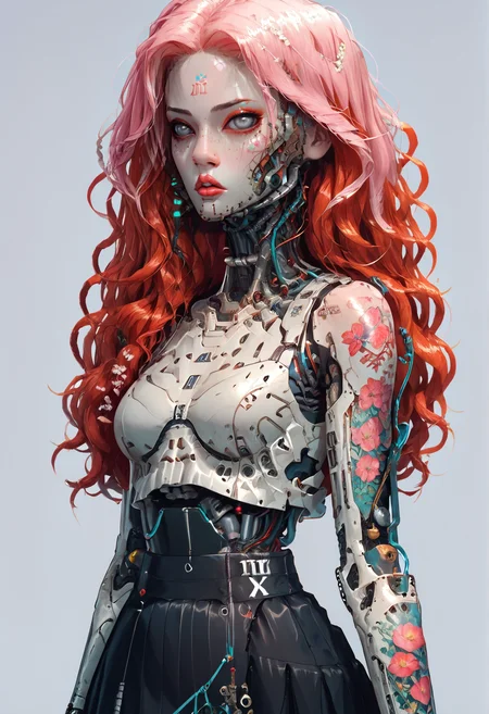 score_9,score_8_up,score_7_up,score_6_up,score_5_up,score_4_up,1 girl,solo,female focus,looking at the spectator,(Oval face, grey eyes, thin lips, long wavy red hair, 5'7", 128 lbs, medium breasts, narrow waist, slim build, a mandala tattoo on the upper back, pale skin with a pink undertone, high forehead, and a sharp nose.:1.3),(A black lace bra paired with a vibrant red puffy mini skirt, and finished with sleek black high heels on a platform, featuring intricate lace details and a voluminous skirt made of luxurious satin fabric, creating a stunning contrast.:1.3),(plain contrasting background:1.3),(full-length:1.5),hands,Perfect hand,Perfect feet,Perfect eyes,cyb0rg,science fiction,cable,mechanical parts,<lora:feet v3:1>,<lora:hand 4:1>,<lora:PerfectEyesXL:1>,zPDXL2,zPDXLpg,<lora:cyb0rgXLP:0.8>,<lora:add-detail-xl:1>,<lora:DP-Pony:1>,p33rs,<lora:incase-ilff-v3-4:0.2>,