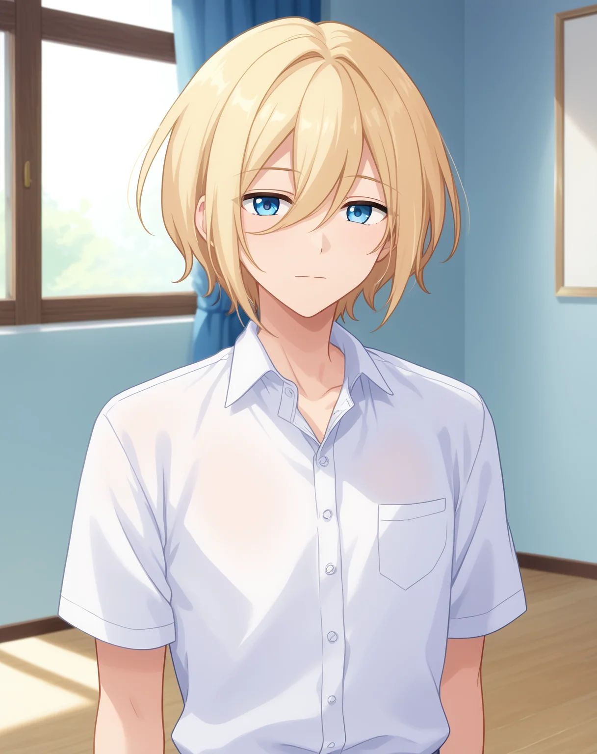 score_9, score_8_up, score_7_up, source_anime, anime screencap, depth of field, rating_safe, BREAK,
1boy, solo, yaoi, male focus, looking at viewer, cowboy shot, facing viewer, expressionless,
<lora:tenshouin_eichi_pony:1> tenshouin_eichi_pony, blonde hair, blue eyes, medium hair, hair between eyes, bangs,
white shirt, collared shirt,
indoors,