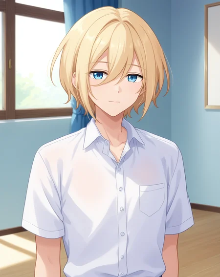 score_9, score_8_up, score_7_up, source_anime, anime screencap, depth of field, rating_safe, BREAK,
1boy, solo, yaoi, male focus, looking at viewer, cowboy shot, facing viewer, expressionless,
<lora:tenshouin_eichi_pony:1> tenshouin_eichi_pony, blonde hair, blue eyes, medium hair, hair between eyes, bangs,
white shirt, collared shirt,
indoors,